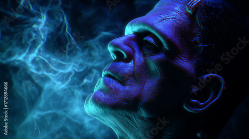 Frankenstein monster, profile, Blacklight Psychedelic colors and smoke - vaporwave; haunted house, halloween sign, party, invitation, horror character; frankenstien