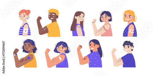 Diverse group of people showing off their vaccination band aids and flexing their muscles