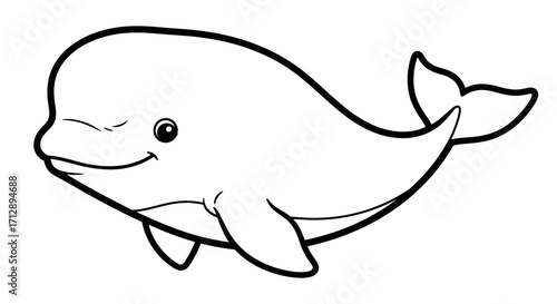 Cartoon illustration of a smiling beluga whale with a simple, outlined design.