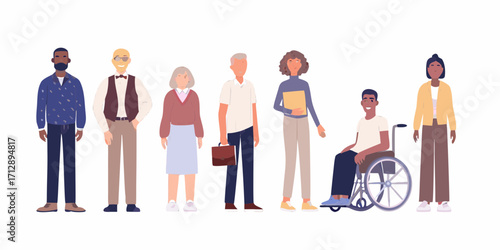 Diverse group of people standing and sitting in a wheelchair representing inclusivity and equality