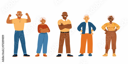 Diverse group of smiling senior men and women standing together in casual clothing
