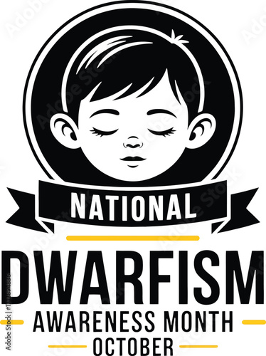 National Dwarfism Awareness Month October logo with child face and ribbon on white background Keywords: dwarfism, awareness, month, national, october