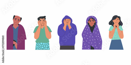 Diverse group of people expressing sadness and despair with hands covering their faces and bodies