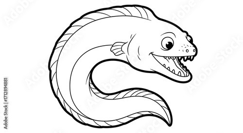 Cartoon Moray Eel Coiled with Open Mouth and Sharp Teeth on an Isolated White Background