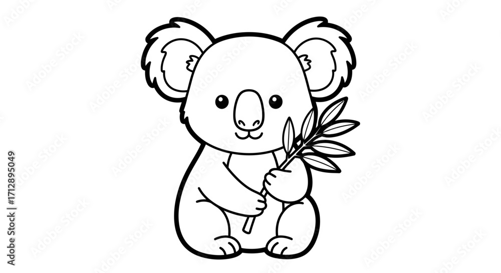 Obraz premium Cute Cartoon Koala Holding Eucalyptus Leaves, Isolated White Background, Coloring Book Style
