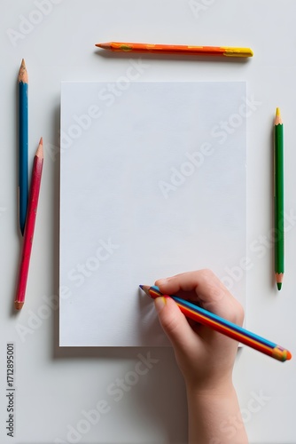 Close-up of a childs hand holding a rainbow-colored pencil poised to draw on a blank white paper surrounded by other colored pencils.
