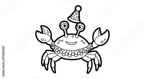 Cartoon crab wearing a party hat, outlined in black ink, ready for coloring.