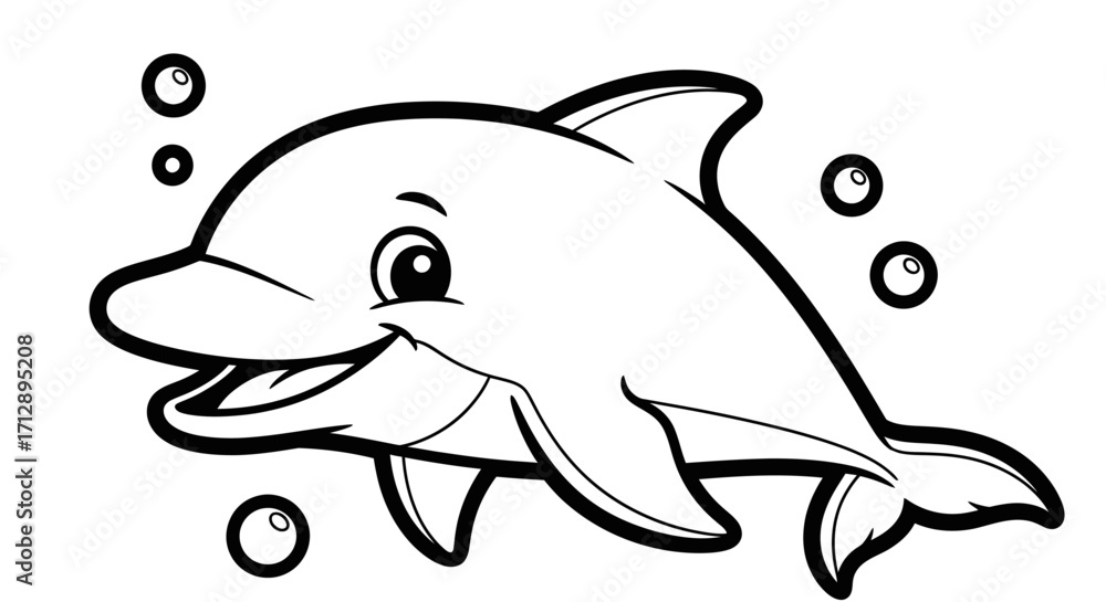 Fototapeta premium Happy Cartoon Dolphin Swimming and Smiling with Bubbles, Isolated White Background, Coloring Book Style