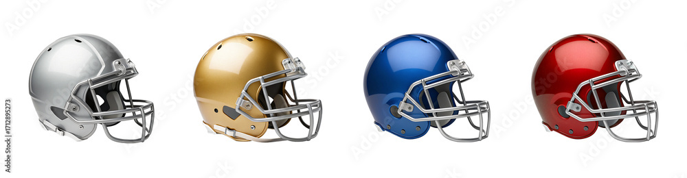 Fototapeta premium Colorful American Football Helmets – Silver, Gold, Blue, Red Gear Display