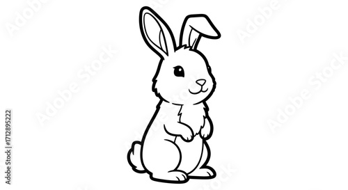 A charming cartoon bunny rabbit stands upright, paws together, in a simple line drawing.