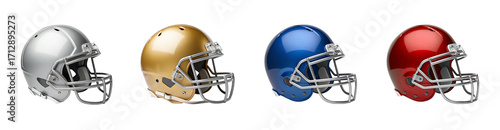 Colorful American Football Helmets – Silver, Gold, Blue, Red Gear Display