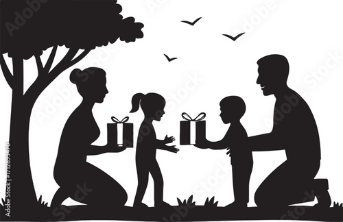 Family giving gifts vector silhouette in outdoor setting