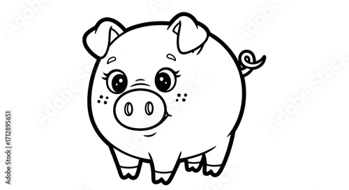 A cute, cartoon pig with a curly tail, standing and looking forward.