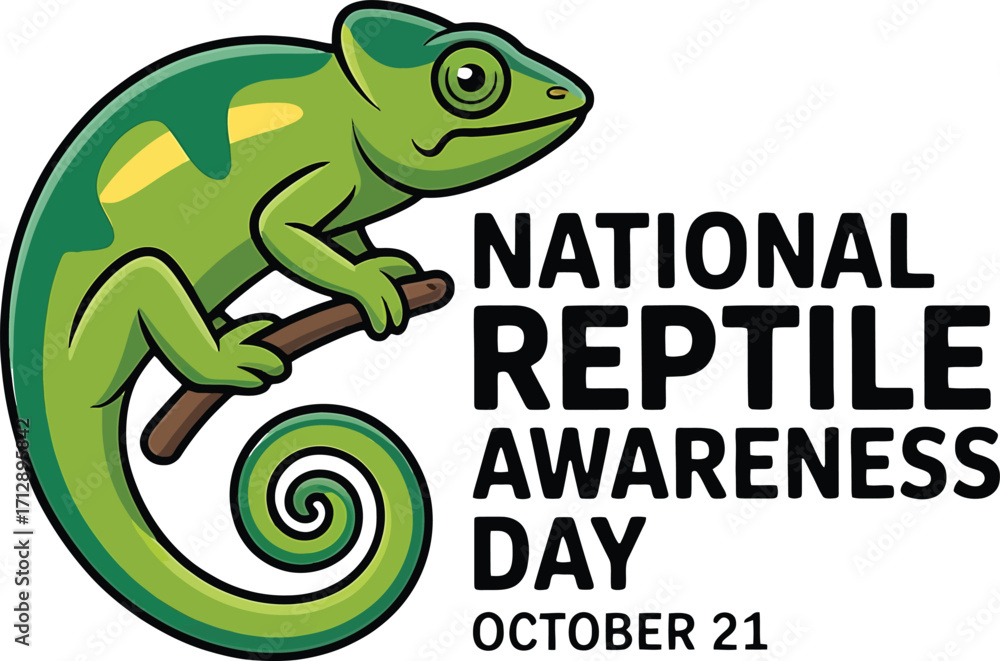 Naklejka premium National Reptile Awareness Day October 21 with a green chameleon lizard
