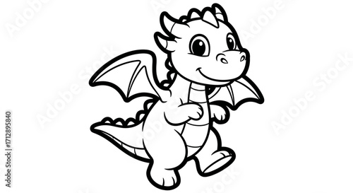 Cute Baby Dragon Standing and Smiling, Isolated White Background, Coloring Book Style