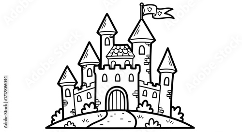 A cartoon illustration of a castle with towers, a gate, and a flag waving on top.