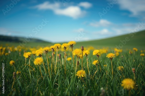 Fototapeta Naklejka Na Ścianę i Meble -  Vibrant yellow dandelion blossoms against lush green grass