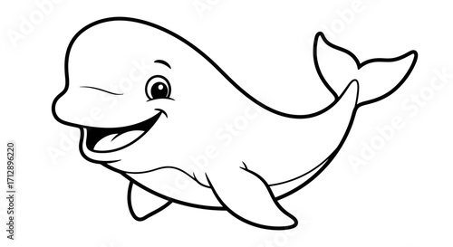 Cheerful cartoon beluga whale, swimming happily, outlined drawing, ready for coloring.
