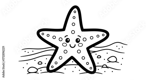 Cute Cartoon Starfish Resting on Seabed with Waves on Isolated White Background.