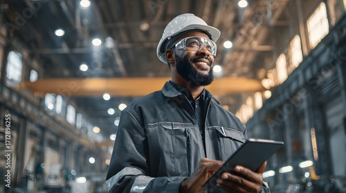 Smiling African-American Factory Worker with Tablet in Industrial Setting.