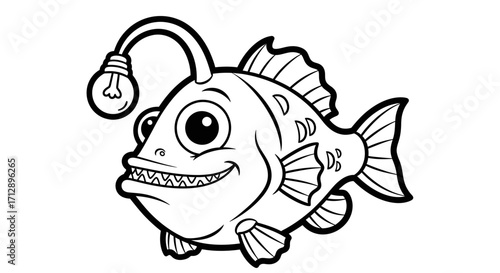 Cartoon illustration of a smiling anglerfish with a glowing light bulb lure, showing teeth.
