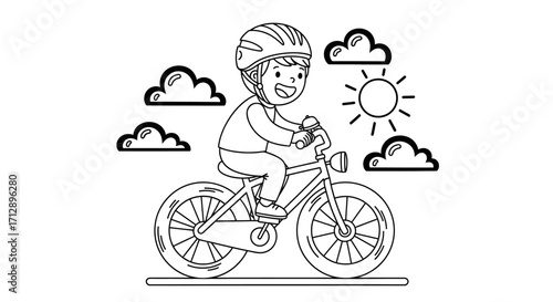 A happy child wearing a helmet rides a bicycle under the sun with fluffy clouds in the sky.