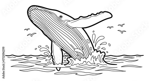 A line drawing of a whale breaching the ocean surface, surrounded by waves and flying birds.