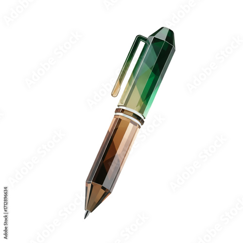 3d faceted pen object with green and brown gradient isolated on transparent background