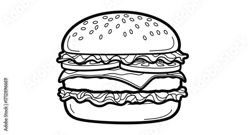 A black and white illustration of a delicious, layered hamburger with sesame seeds.