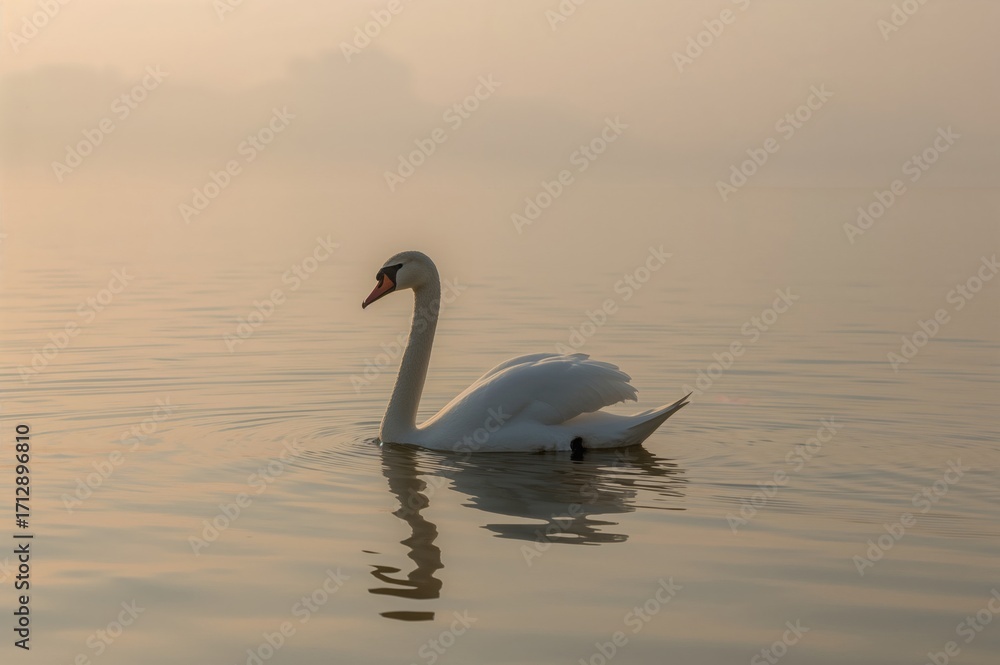 Fototapeta premium Morning fog surrounds a lone white swan on the lake at sunrise