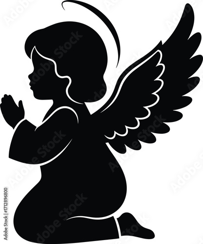 Praying angel silhouette, child with halo, black and white artwork, spiritual devotion, innocence symbol, religious illustration, peaceful figure, memorial design