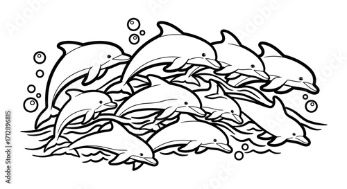 A group of dolphins swimming together in the ocean, with bubbles surrounding them. Black and white line art.