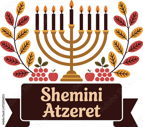 Shemini Atzeret Celebration with Menorah Candles Apples and Autumn Leaves jewish holiday flames
