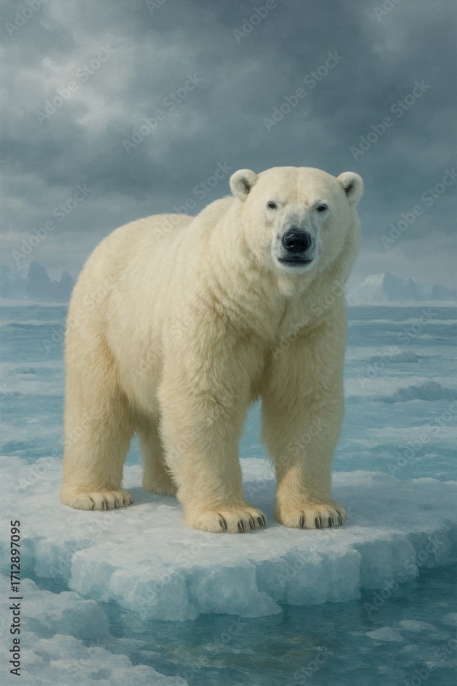 Fototapeta premium Powerful polar bear standing on floating ice in the Arctic ocean with dramatic cloudy sky