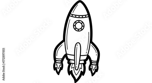 A black and white illustration of a rocket ship blasting off into space.