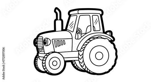 A black and white illustration of a cartoon tractor, ready for coloring.