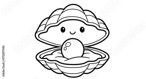 A cartoon-style illustration of an open seashell with a pearl inside and a cute, smiling face.