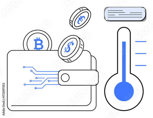 Digital wallet with Bitcoin, cryptocurrency coins, circuit connections, thermometer, air conditioning. Ideal for cryptocurrency, finance, cybersecurity, technology blockchain budgeting innovation