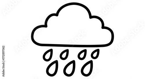 A simple drawing of a cloud with raindrops falling from it, depicted in black outline on a white background.