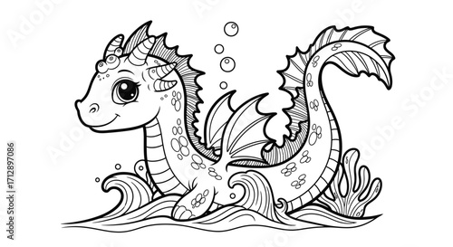 Cute cartoon sea dragon swimming in wavy water with bubbles, outlined in black and white.