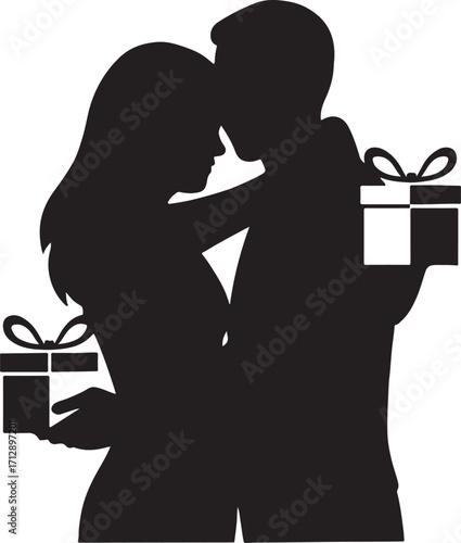 Silhouette couple hugging holding presents love and romance