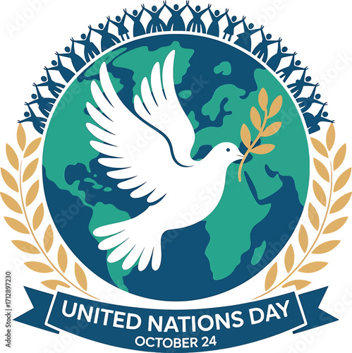 United Nations Day emblem with dove of peace globe and people holding hands october 24 earth