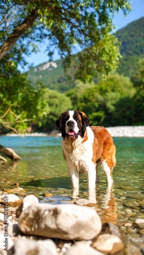 Saint Bernard dog by river