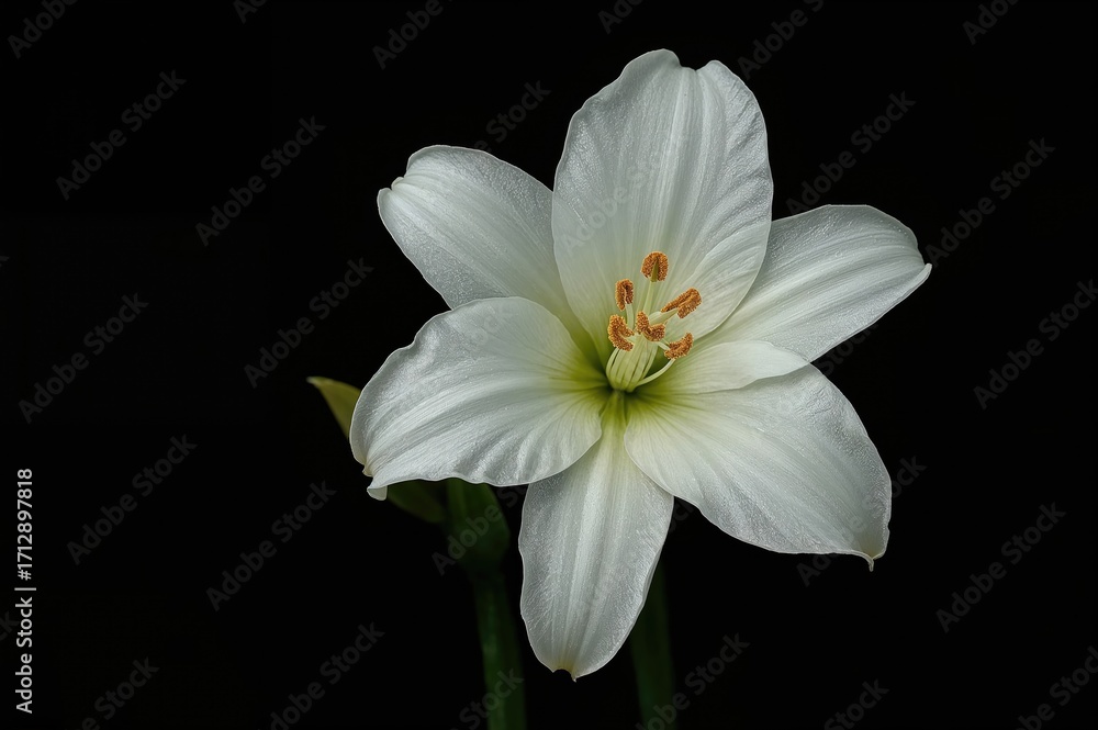 Fototapeta premium Bright white crinum flower against a deep dark backdrop on a lush tropical island
