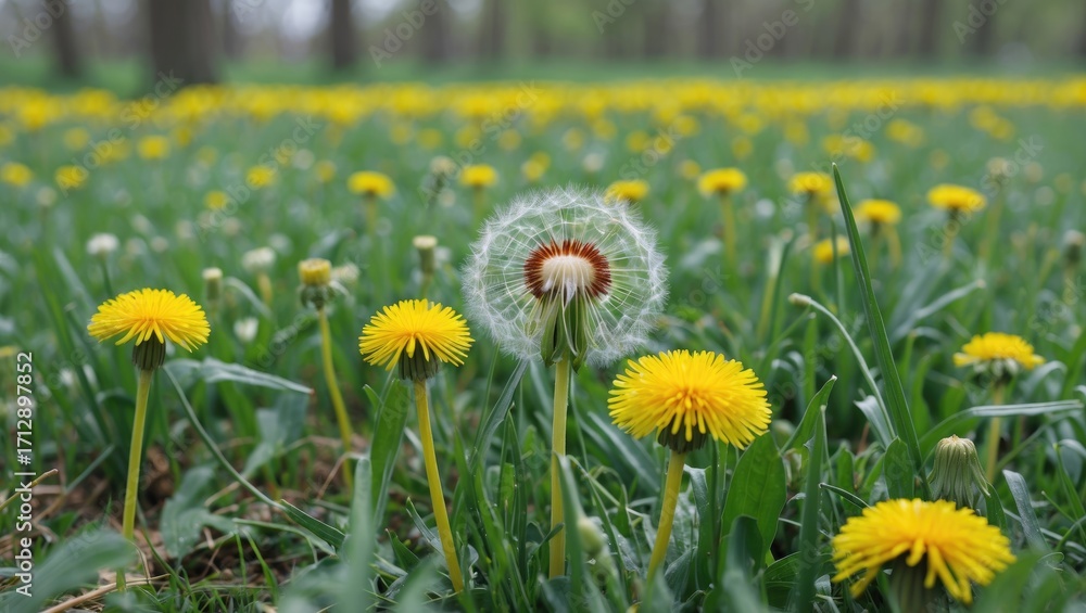 Obraz premium Vivid yellow dandelion flower growing in a vibrant green meadow