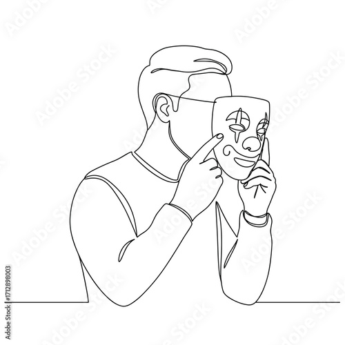 Man holding a theatrical mask while looking to the side in line art  