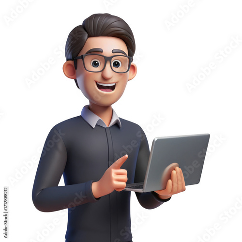3d cartoon man with laptop pointing isolated on transparent background