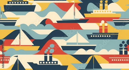 Abstract pattern of colorful ships and boats sailing on stylized waves
