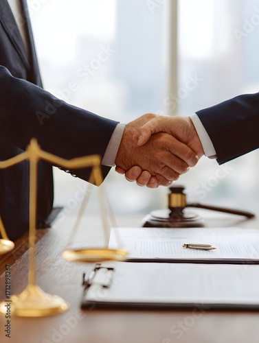 Professional Handshake in Law Office with Scales of Justice and Gavel Symbolizing Agreement.