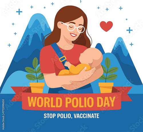 World Polio Day illustration with mother holding baby and mountains in background Keywords: world polio day, polio, vaccination, immunization, health